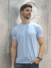 Blue Round Neck Solid T-Shirt Men