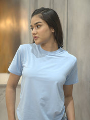 Women's Soft Feather Touch Blue Solid Round Neck T-Shirt