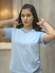 Women's Soft Feather Touch Blue Solid Round Neck T-Shirt