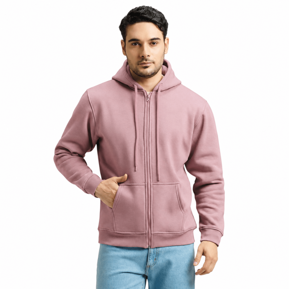 Classic Winter Zip-Up Hoodie for Men in Dusty Rose | UNIREC