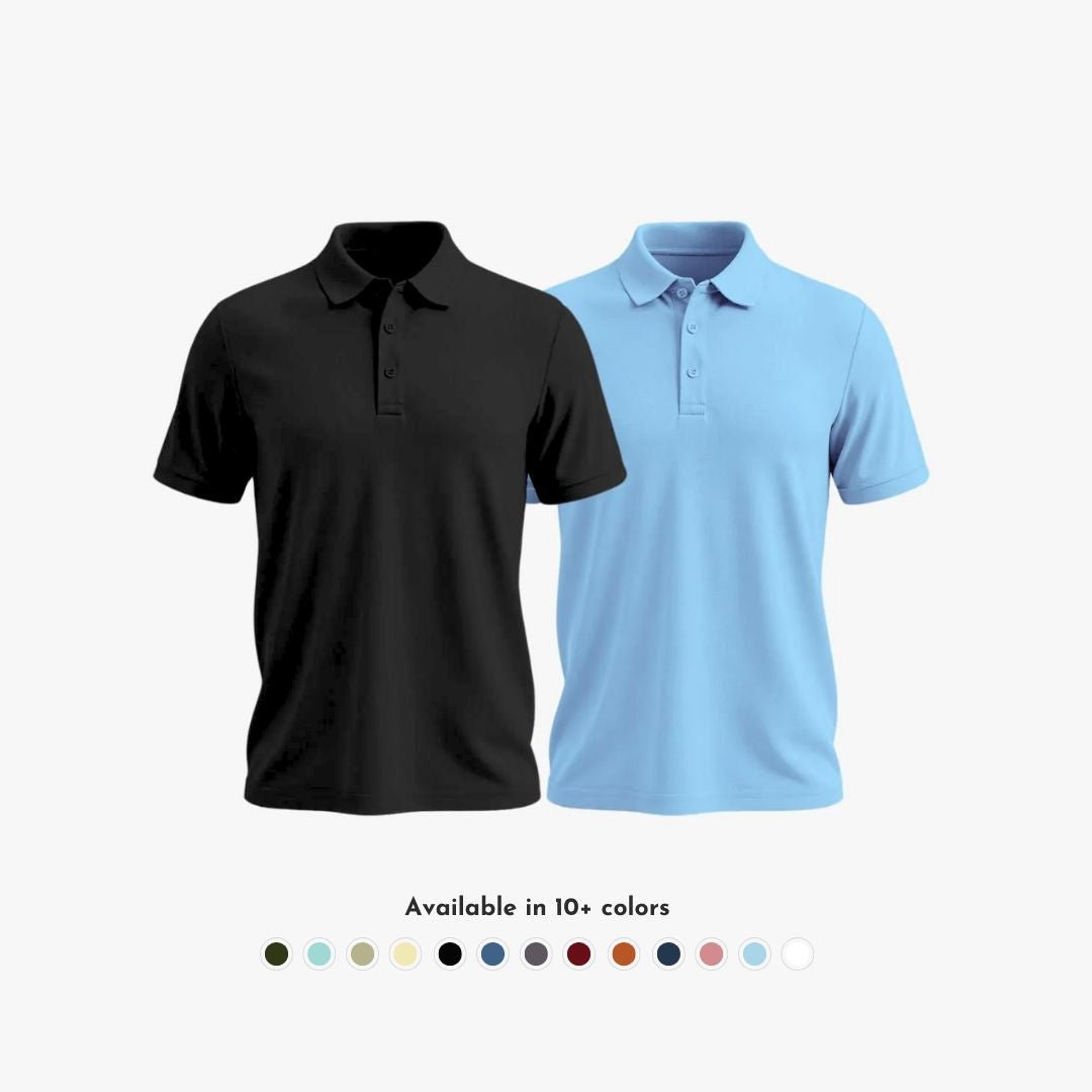 Combo Pack of 2 Men's Solid Matte Polo Collar Black & Sky Blue T-shirts