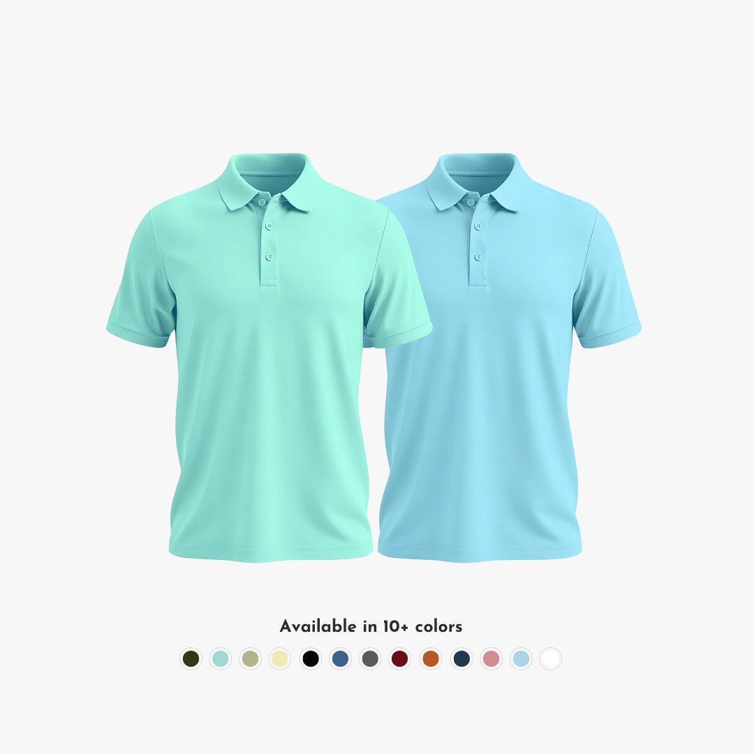 Combo Pack of 2 Men's Solid Matte Polo Collar Mint & Sky Blue T-shirts