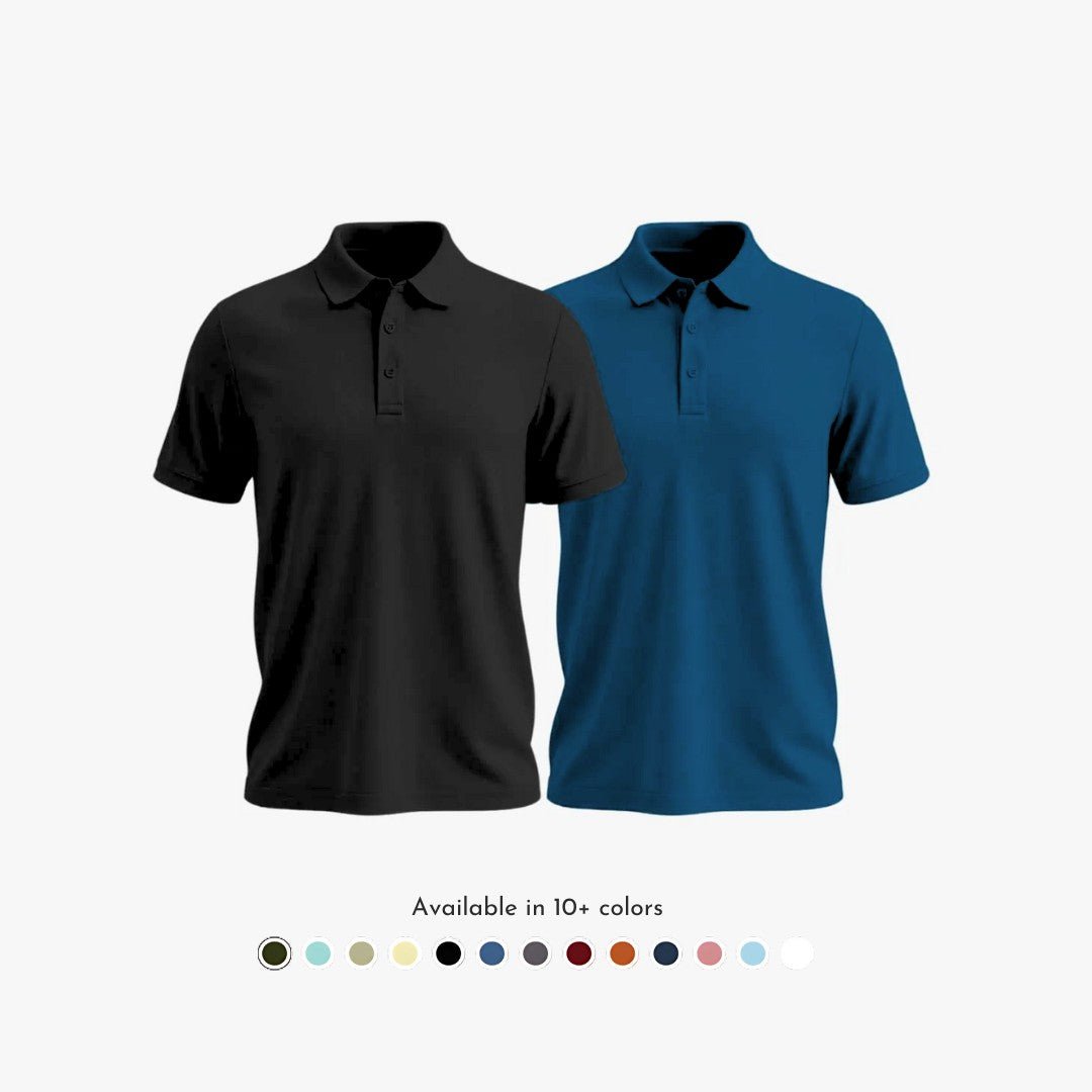 Combo Pack of 2 Men's Solid Matte Polo Collar Black & Rama Blue T-shirts