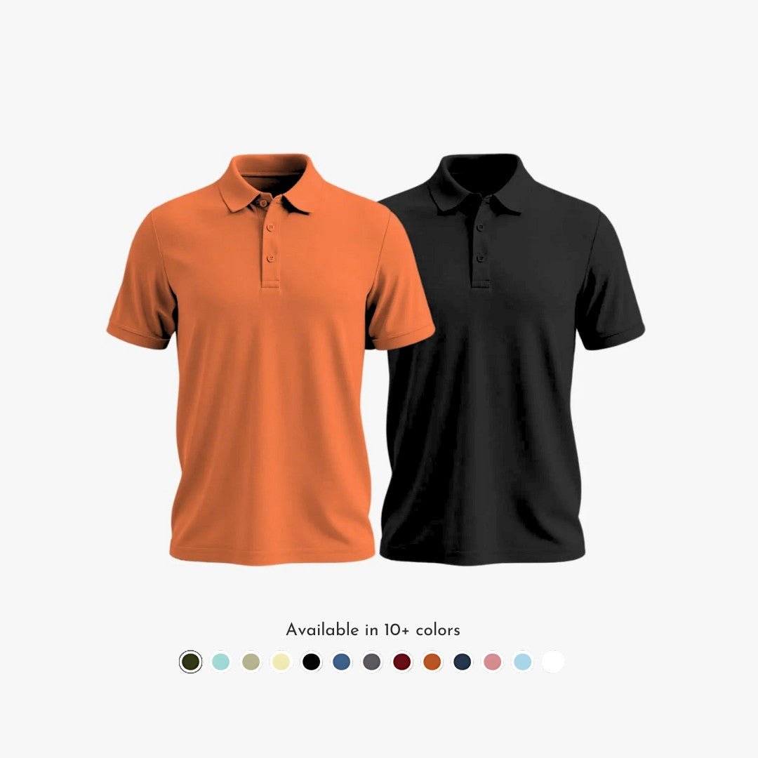 Combo Pack of 2 Men's Solid Matte Polo Collar Black & Orange T-shirts