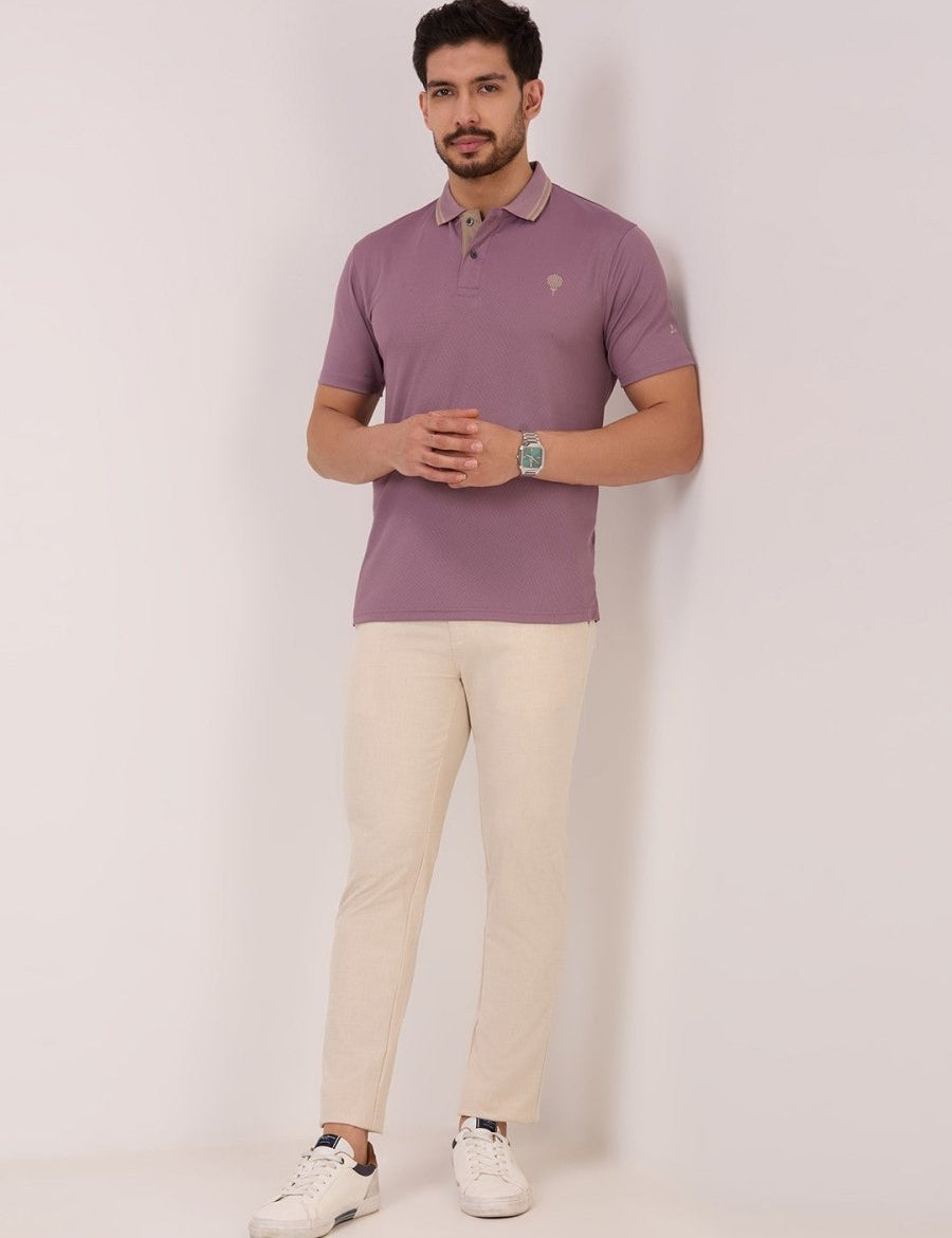 golf polo t shirt for men in light wine crest full body view