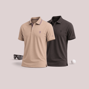Crèst Polo Pack of 2 Premium Golf Polo T-Shirts for Men in Fawn & Grey