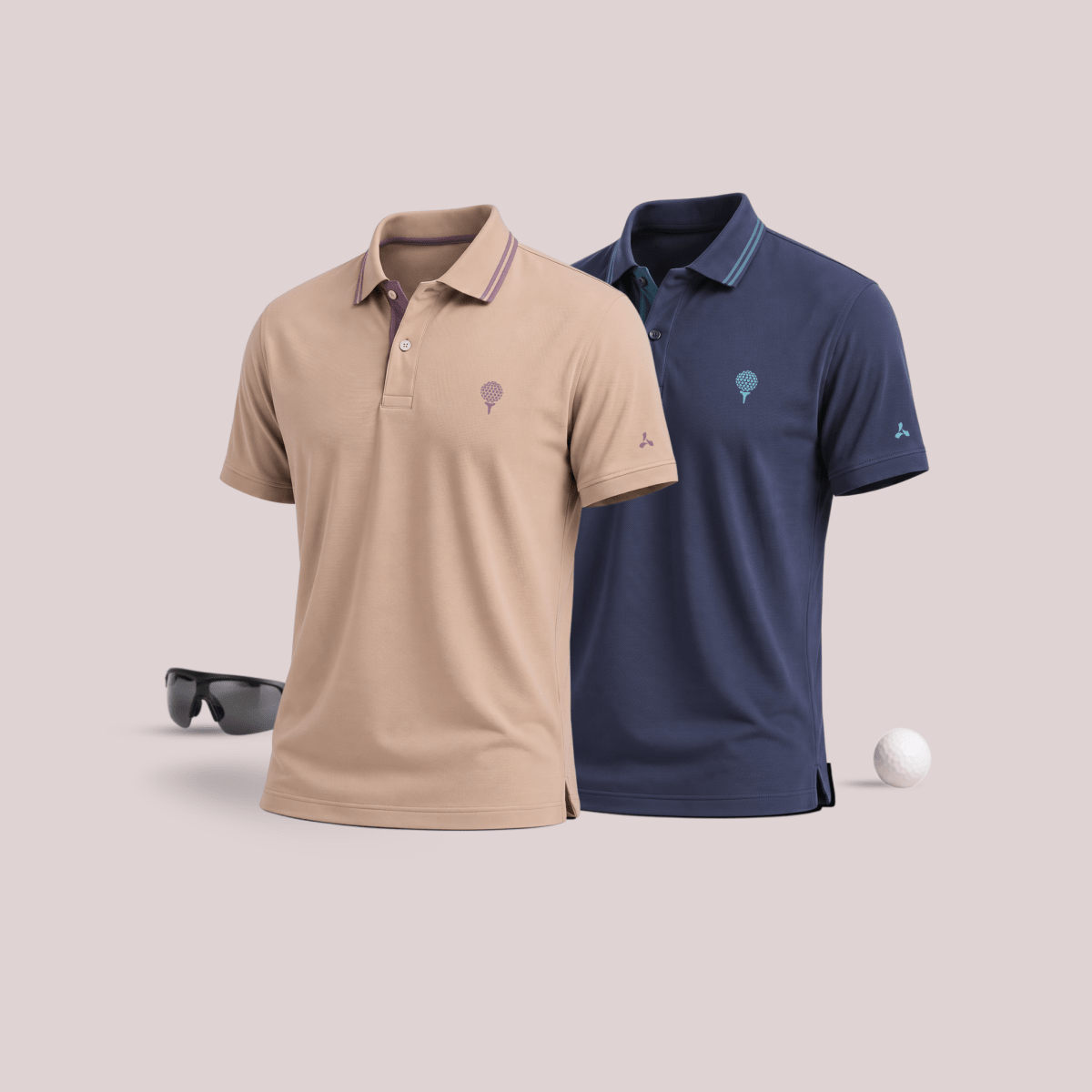 Crèst Polo Pack of 2 Premium Golf Polo T-Shirts for Men in Fawn & Light Navy
