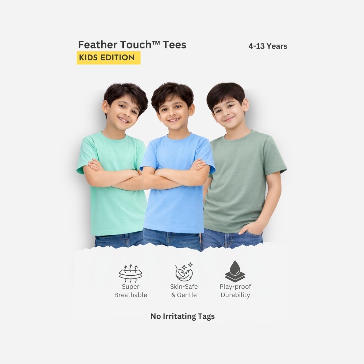 Feather Touch Boys Plain Round Neck T-Shirt – Mint, Sky Blue & Army Combo