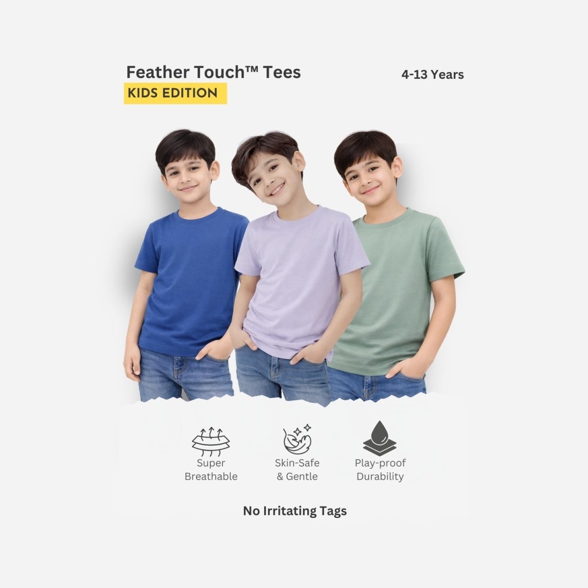 Feather Touch Boys Plain Round Neck T-Shirt – Blue, Lavender & Army Combo