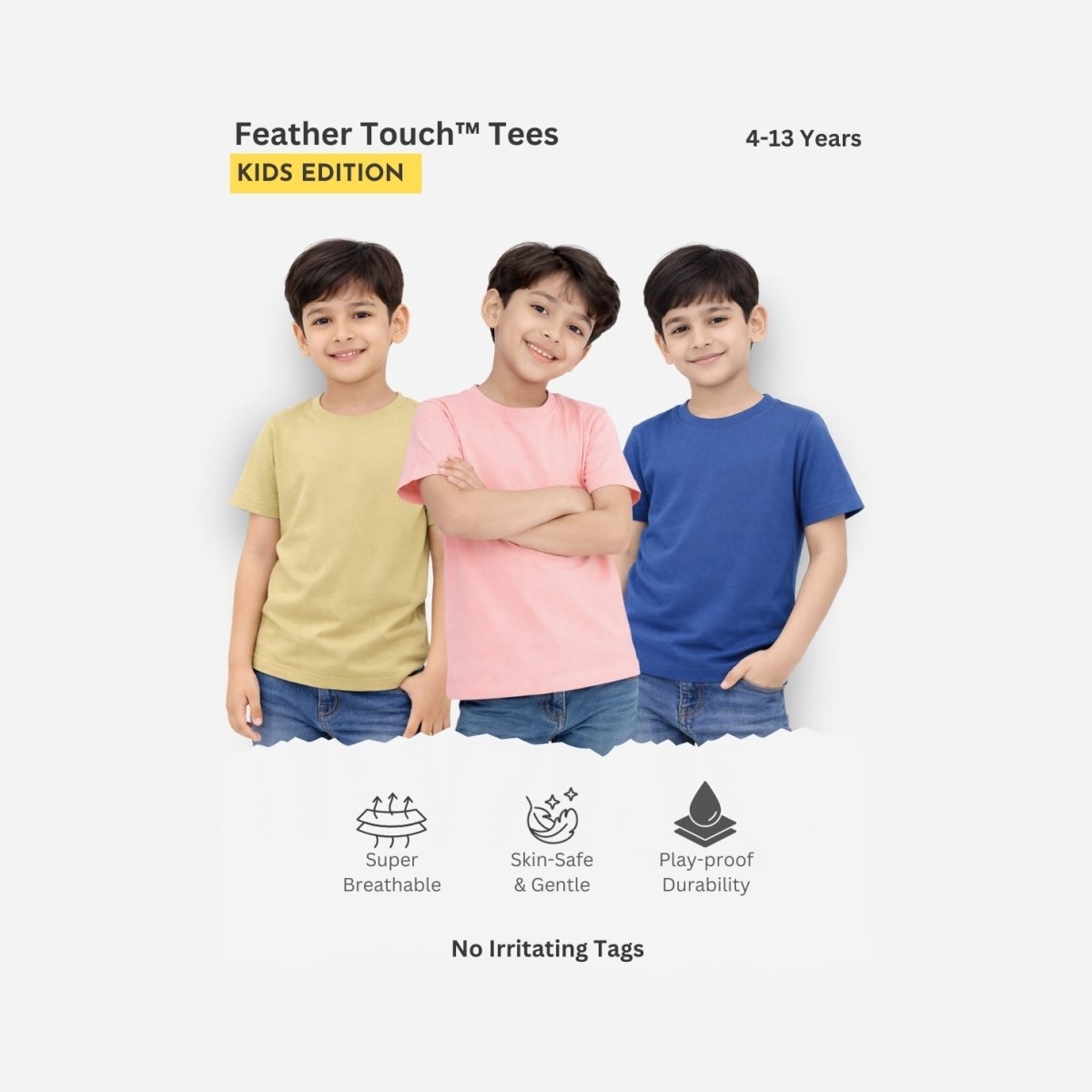 Feather Touch Boys Plain Round Neck T-Shirt – Olive, Peach & Blue Combo