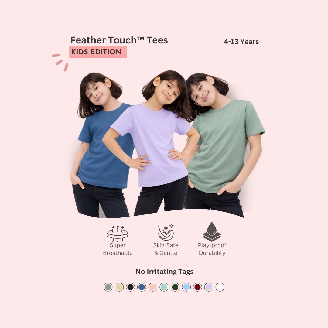 Feather Touch Round Neck T-Shirt for Girls - Plain - Pack of 3 - Dark Blue, Lavender & Army Green