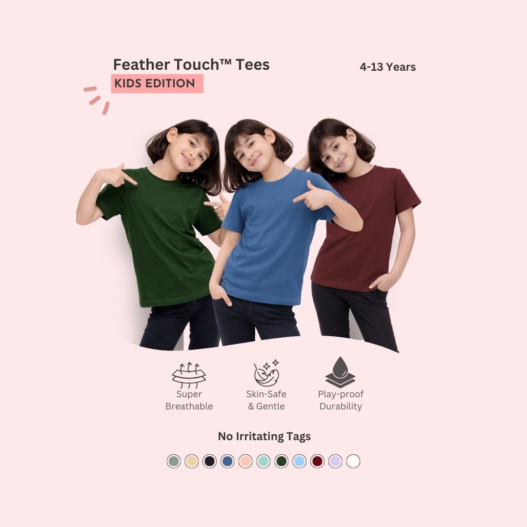 Feather Touch Round Neck T-Shirt for Girls - Plain - Pack of 3 - Honey_Brown, Bottle_Green & Burgundy