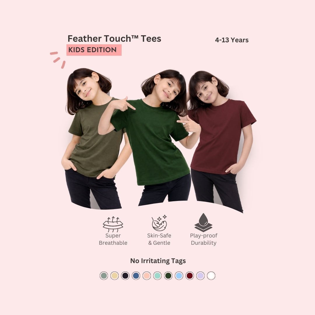 Feather Touch Round Neck T-Shirt for Girls - Plain - Pack of 3 - Honey Brown, Bottle Green & Burgundy