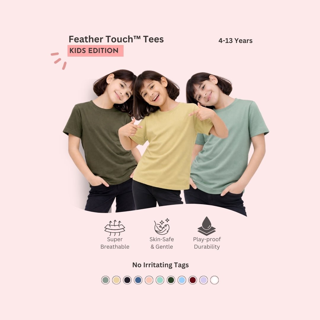 Feather Touch Round Neck T-Shirt for Girls - Plain - Pack of 3 - Honey Brown, Olive & Army Green