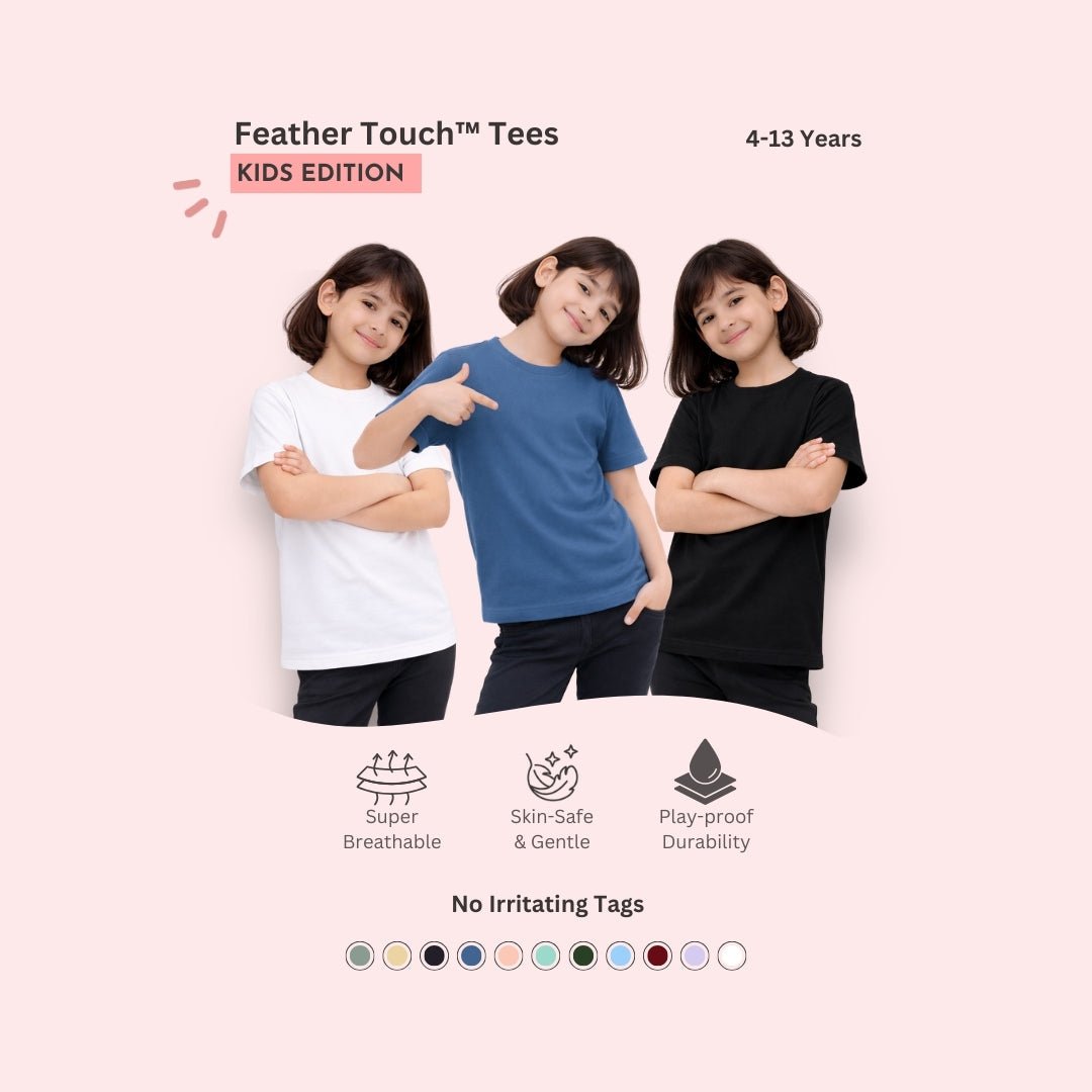 Feather Touch Girls Plain Round Neck T-Shirt – White, Blue & Black Combo