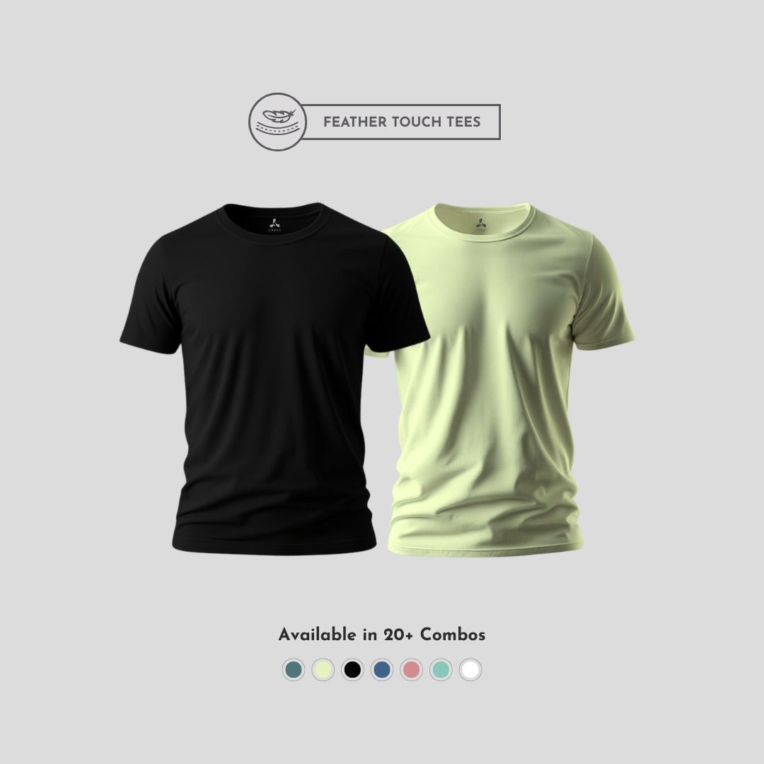 Feather Touch Round Neck - Combo Pack of 2 Plain Black & Olive T-Shirt for Men