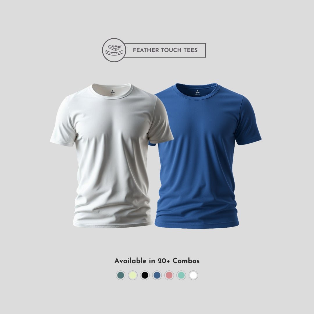 Feather Touch Round Neck - Combo Pack of 2 Plain White & Blue T-Shirt for Men
