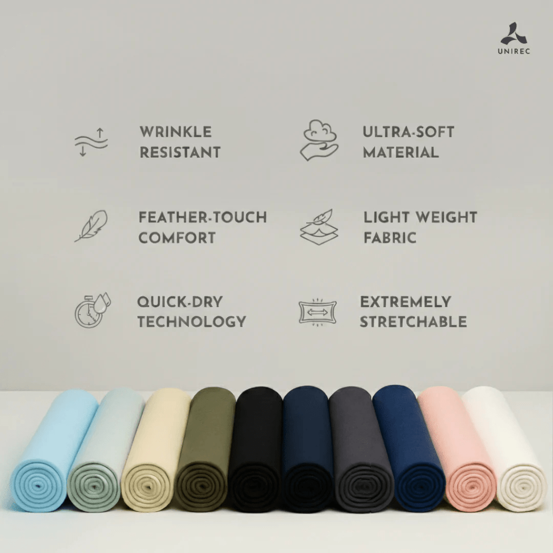 Feather touch Fabric features ultra soft material, wrinkle free, soft, quick dry and more