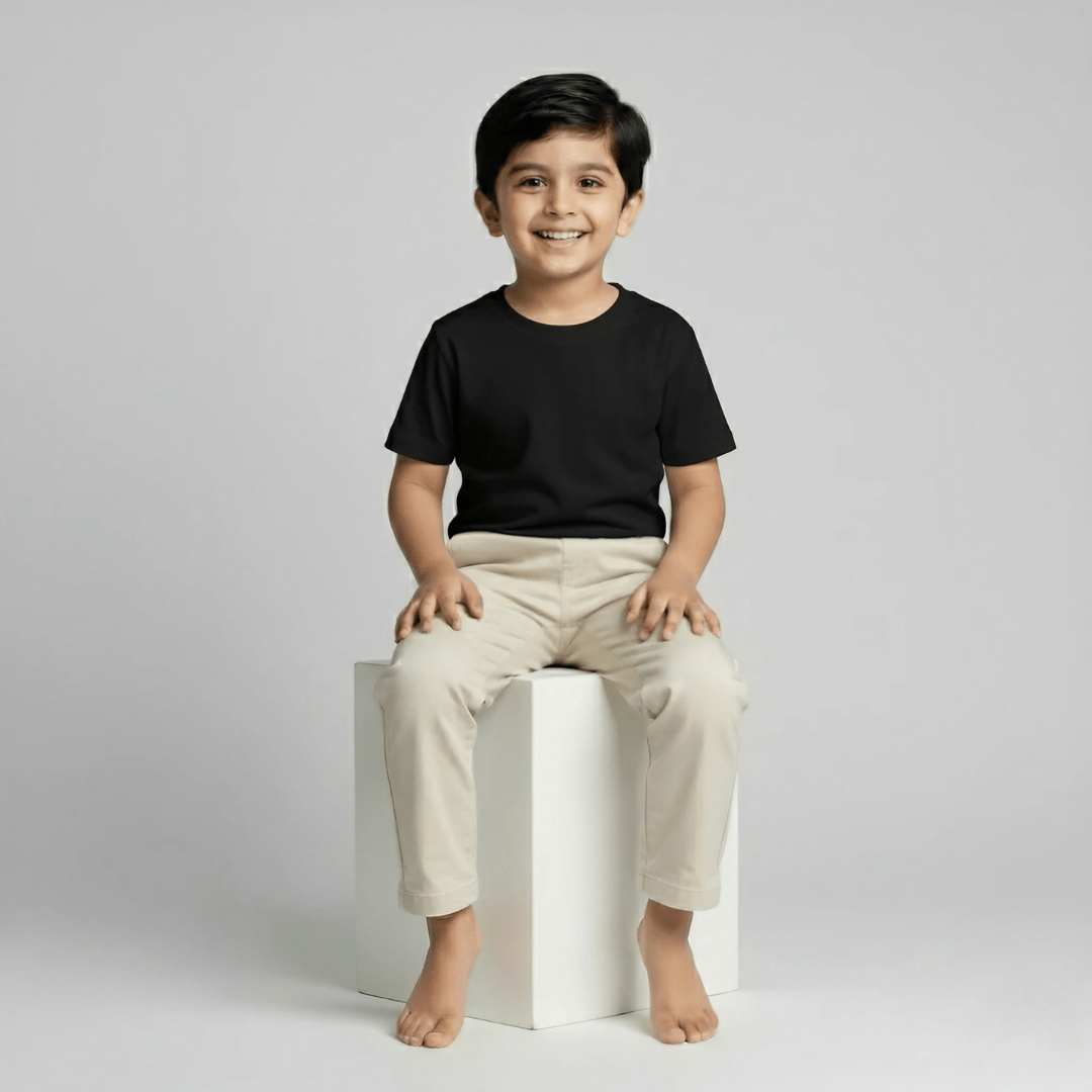 Feather Touch Round Neck Plain Black T-Shirt for Boys