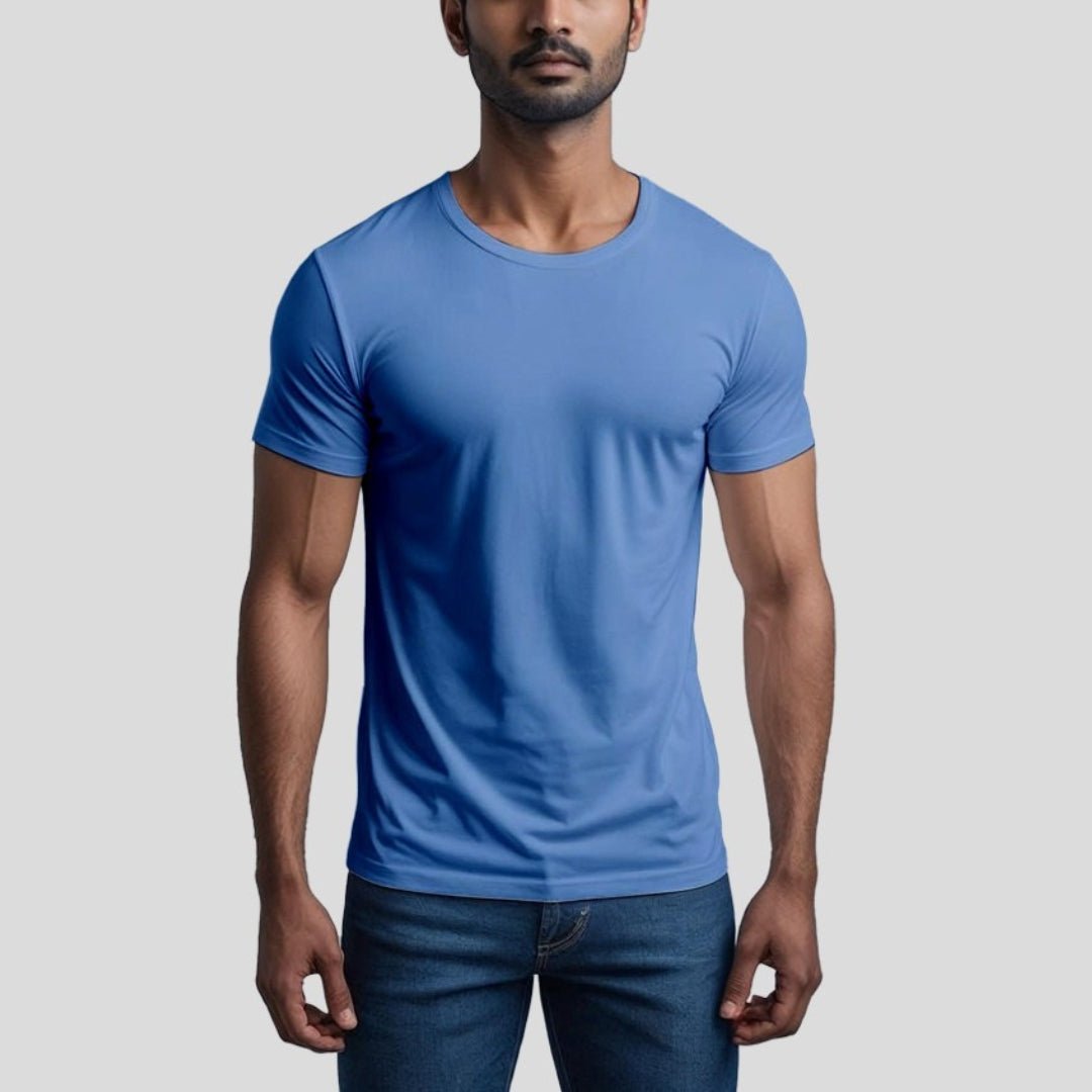 Model wearing blue round neck t-shirt casual fit
