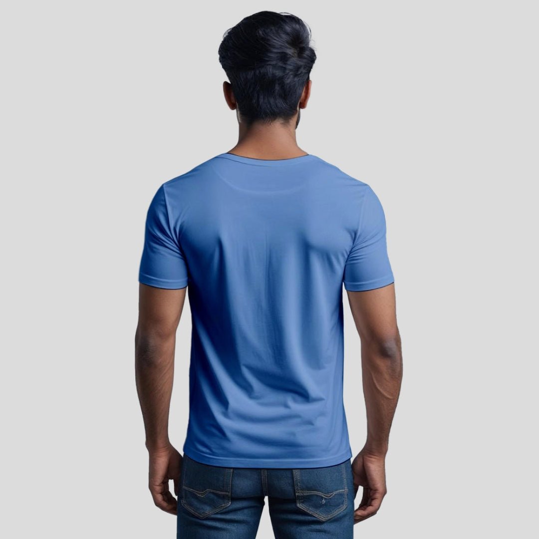 Back view of solid blue round neck t-shirt