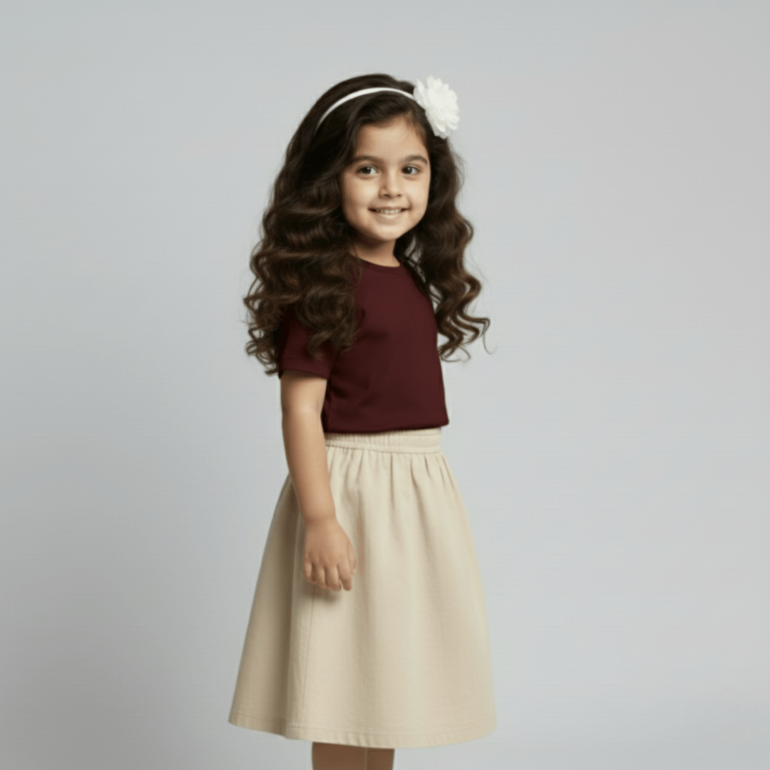 Feather Touch Round Neck Plain Burgandy T-Shirt for Girls