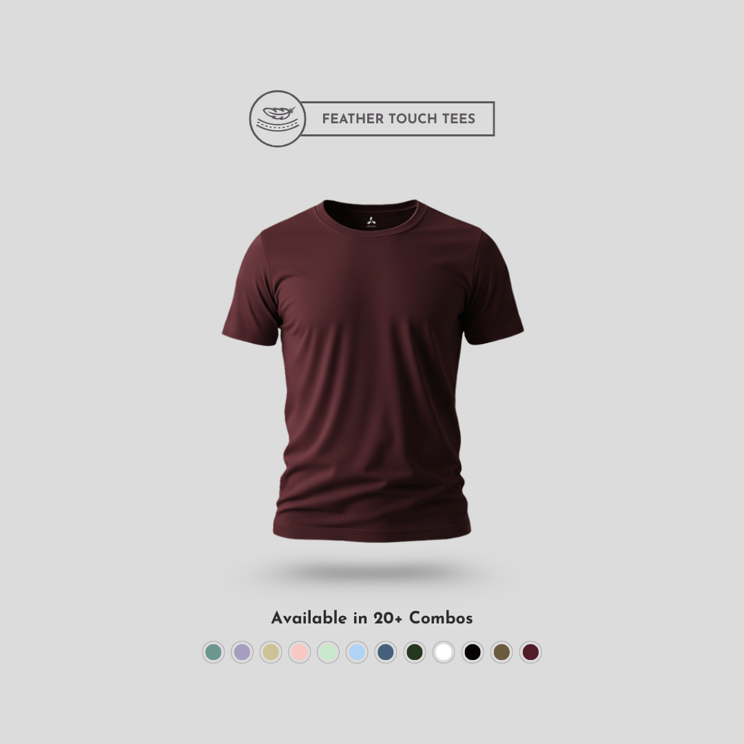 Feather Touch Round Neck Plain Burgundy T-Shirt for Men
