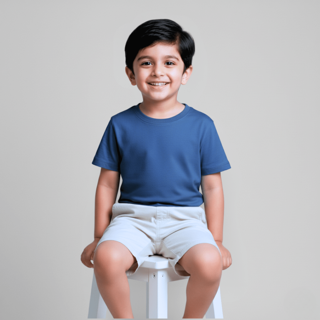 Feather Touch Round Neck Plain Navy Blue T-Shirt for Boys