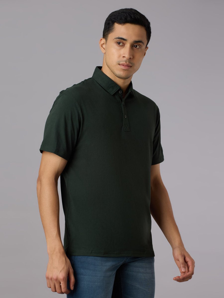 Feather Touch Solid Bottle Green Polo Collar T-shirt for Men