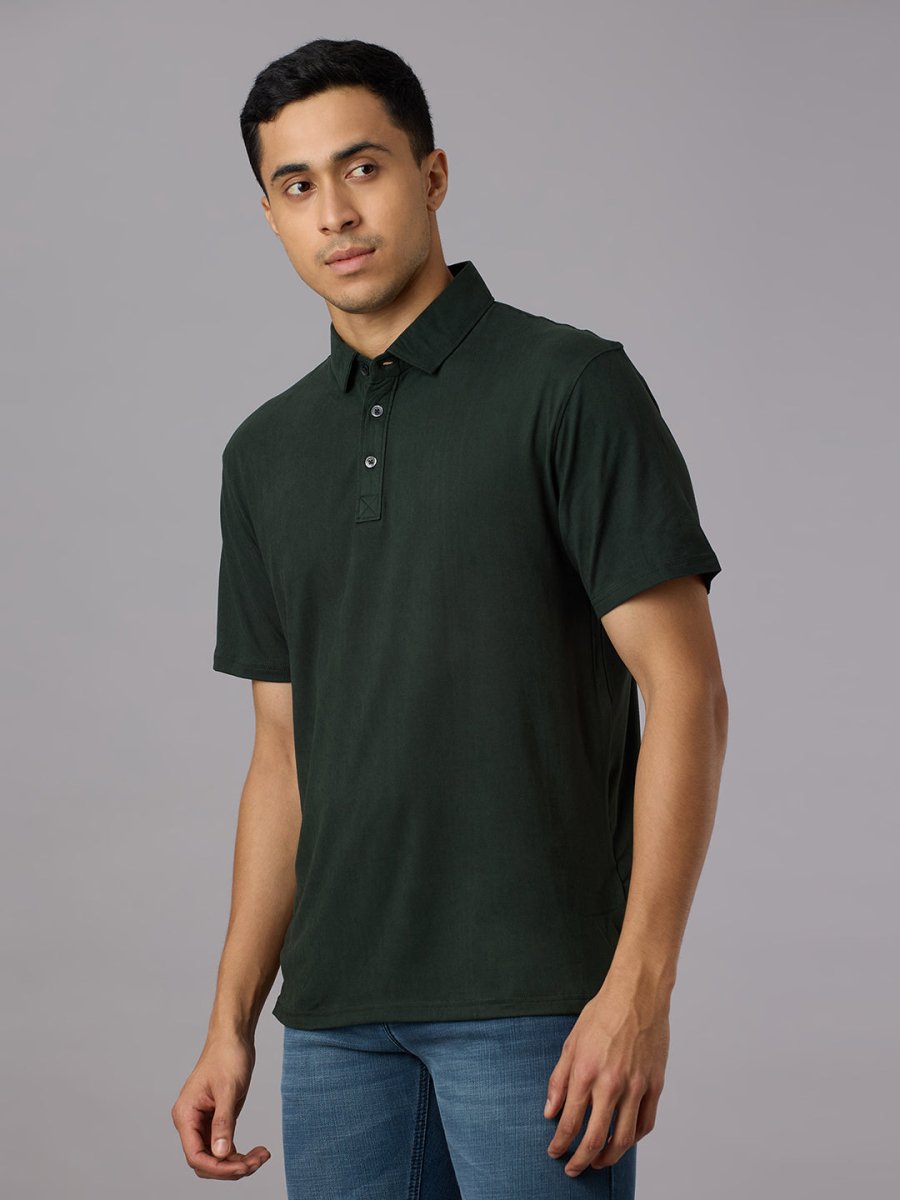 Feather Touch Solid Bottle Green Polo Collar T-shirt for Men