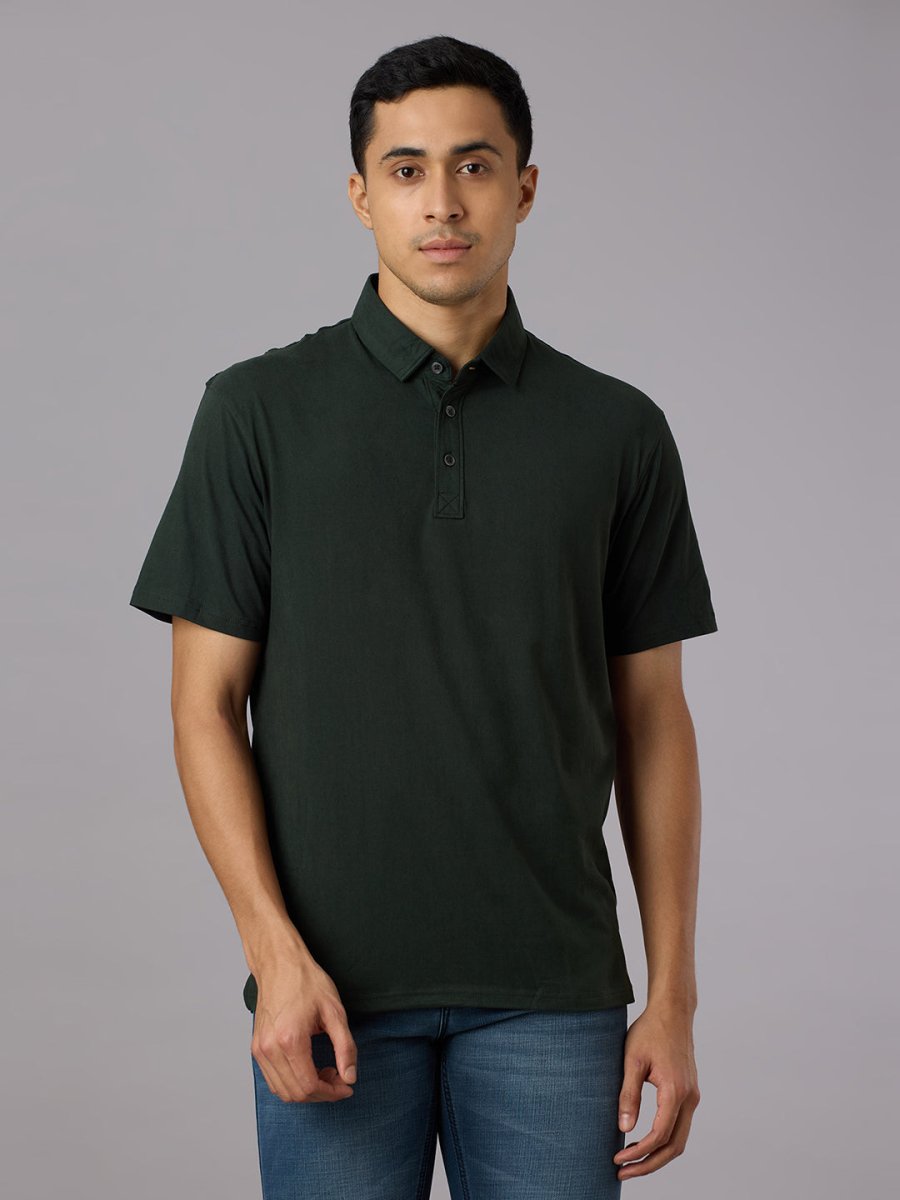 Feather Touch Solid Bottle Green Polo Collar T-shirt for Men