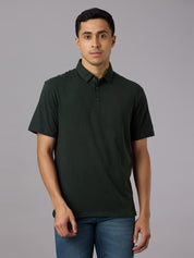 Feather Touch Solid Bottle Green Polo Collar T-shirt for Men