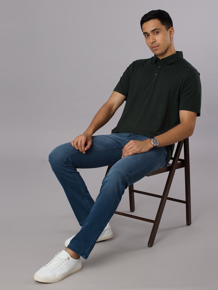 Feather Touch Solid Bottle Green Polo Collar T-shirt for Men