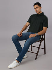 Feather Touch Solid Bottle Green Polo Collar T-shirt for Men