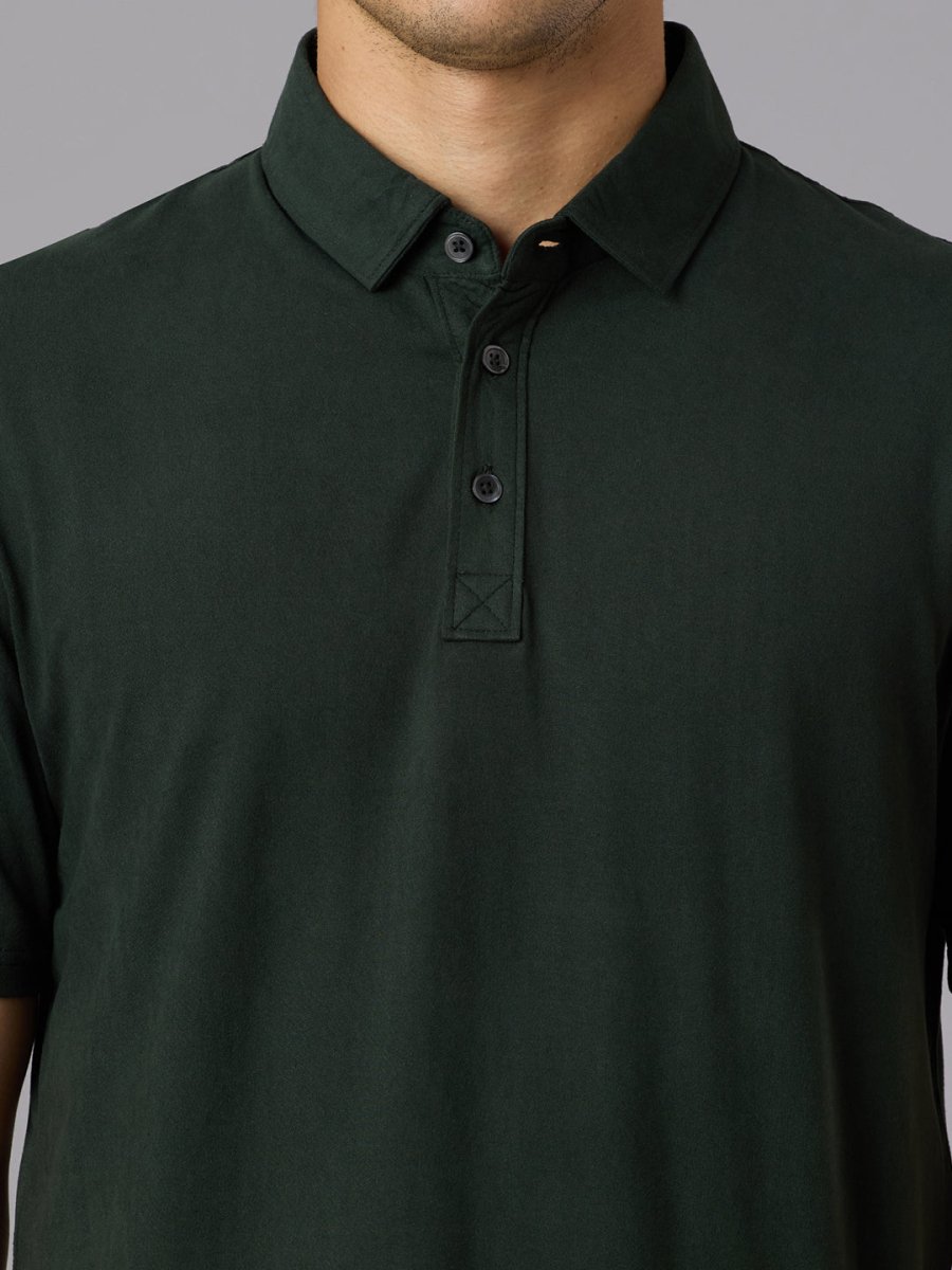 Feather Touch Solid Bottle Green Polo Collar T-shirt for Men