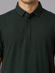 Feather Touch Solid Bottle Green Polo Collar T-shirt for Men