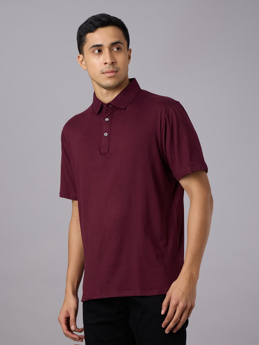 Feather Touch Solid Burgandy Polo Collar T-shirt for Men