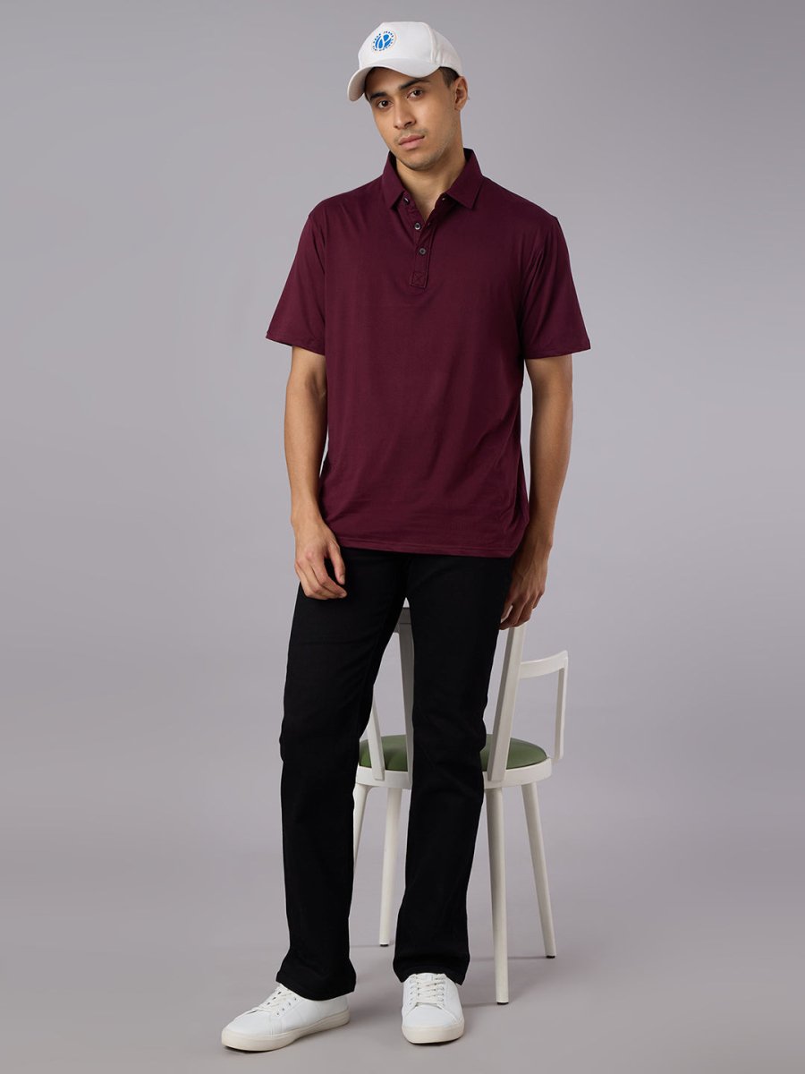 Feather Touch Solid Burgandy Polo Collar T-shirt for Men