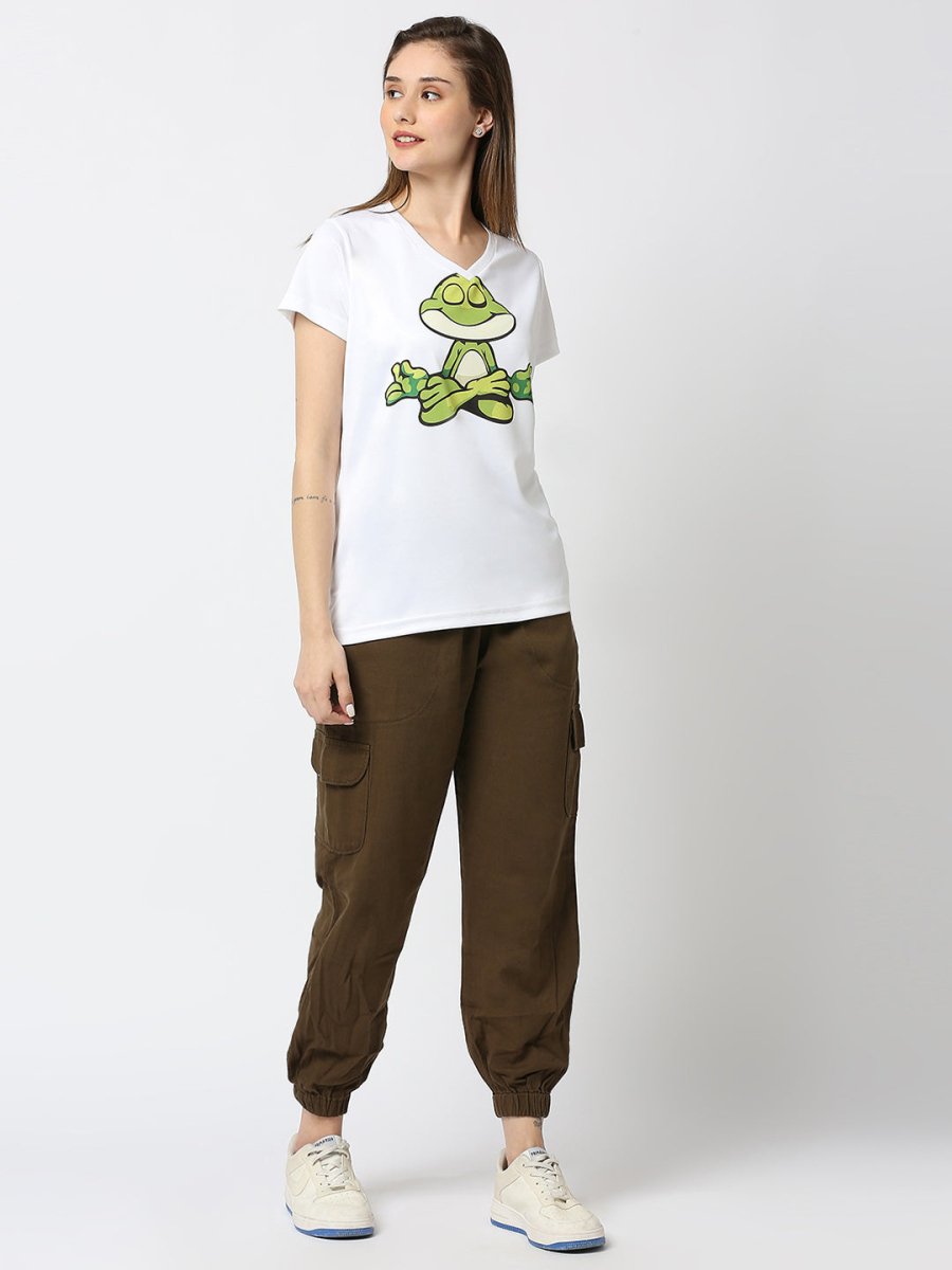 Frog Graphic Printed Women's V-Neck T-shirt - White/Mint