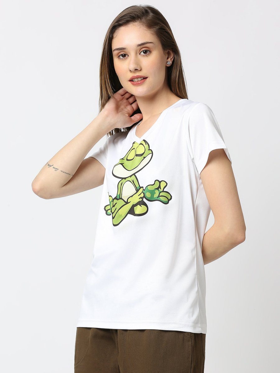 Frog Graphic Printed Women's V-Neck T-shirt - White/Mint