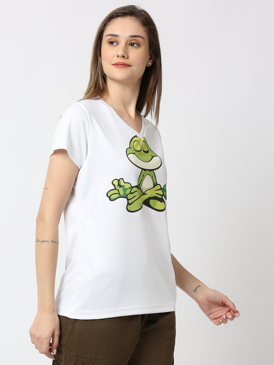 Frog Graphic Printed Women's V-Neck T-shirt - White/Mint