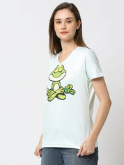 Frog Graphic Printed Women's V-Neck T-shirt - White/Mint