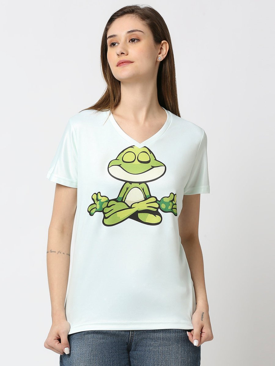 Frog Graphic Printed Women's V-Neck T-shirt - White/Mint