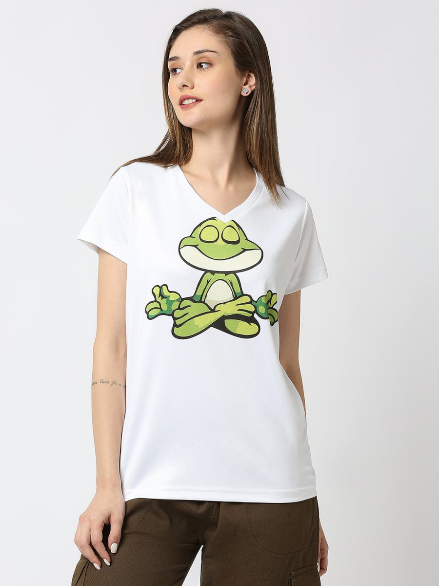 Frog Graphic Printed Women's V-Neck T-shirt - White/Mint