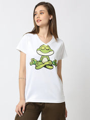 Frog Graphic Printed Women's V-Neck T-shirt - White/Mint