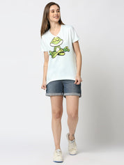 Frog Graphic Printed Women's V-Neck T-shirt - White/Mint