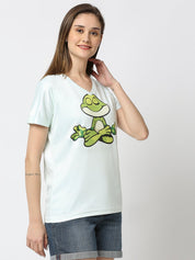 Frog Graphic Printed Women's V-Neck T-shirt - White/Mint