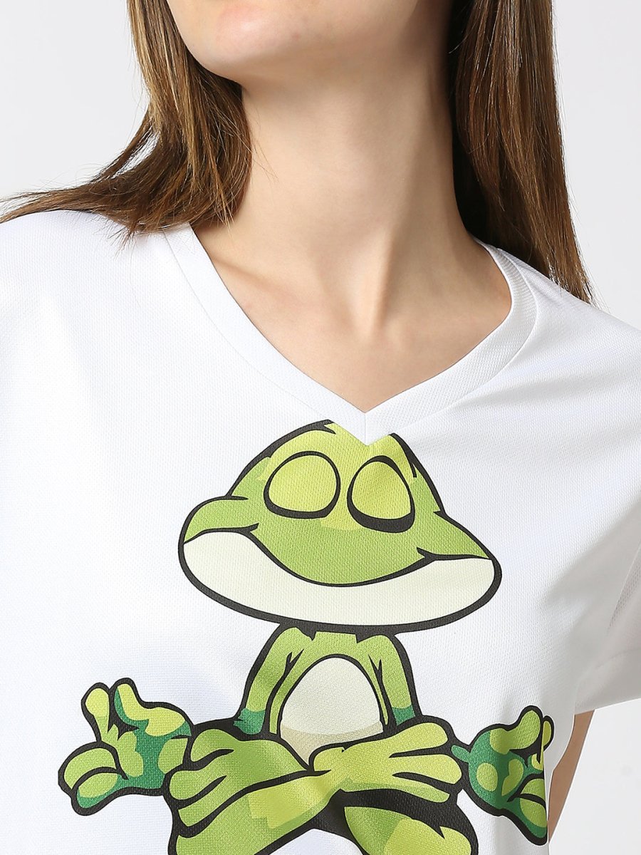 Frog Graphic Printed Women's V-Neck T-shirt - White/Mint