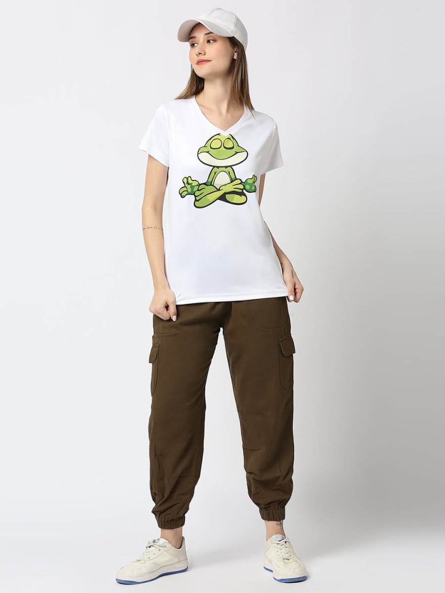 Frog Graphic Printed Women's V-Neck T-shirt - White/Mint