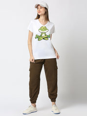 Frog Graphic Printed Women's V-Neck T-shirt - White/Mint